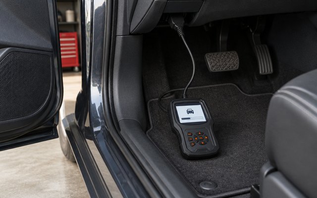 Handheld OBD2 scanner resting on the floor mat of a car with the door open in a home garage