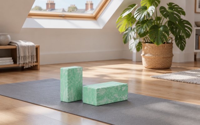 Base yoga marbled foam yoga blocks, on a yoga mat in a bright loft flat under a skylight
