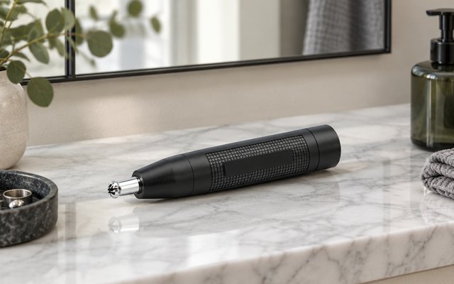 ConairMAN Ear and Nose Hair Trimmer, on a marble shelf under a mirror