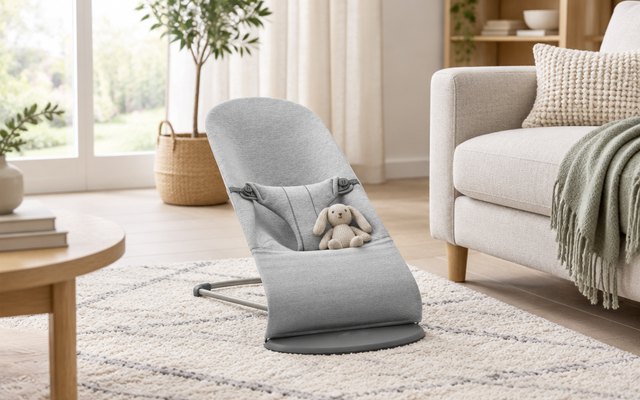 BabyBjörn Bouncer Bliss, baby bouncer on a soft rug in a bright, calm living room beside a sofa, a small knitted toy on its seat