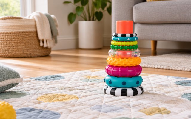 Stacking ring toy, assembled on a quilted baby blanket on a living room floor