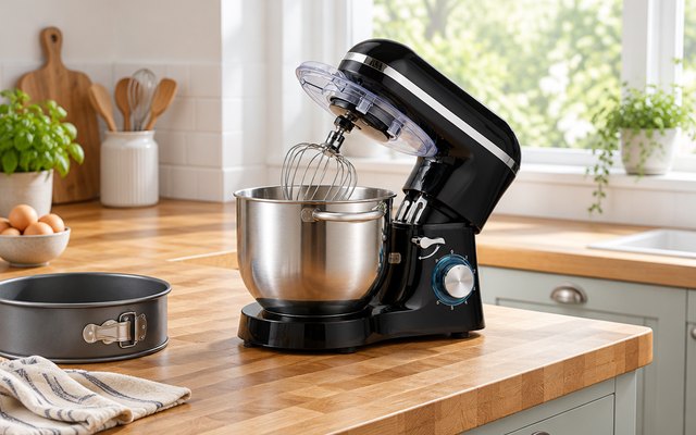 Aucma 6.5-quart stand mixer, on a butcher-block counter in a bright kitchen beside a cake pan