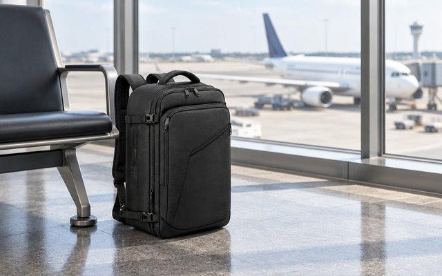 Large carry-on travel backpack, packed and standing on the floor beside an airport gate seat, a window with planes behind