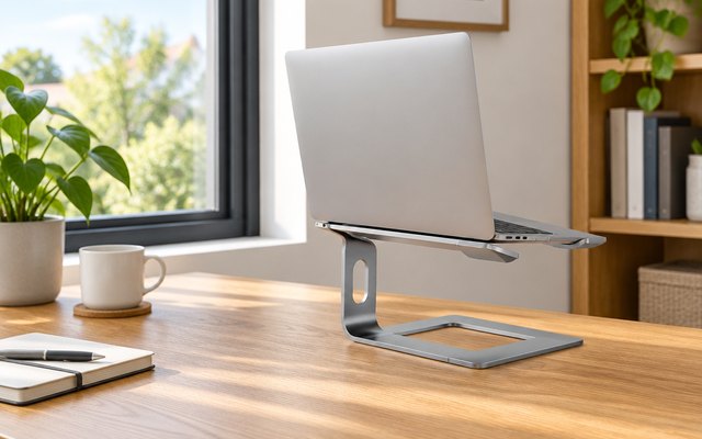 Nulaxy C3 laptop riser, on a wooden desk in a home office by a window
