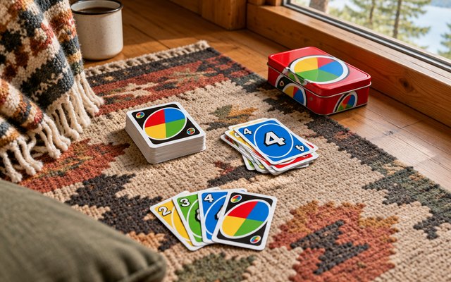 UNO, a discard pile and its tin on a cabin rug