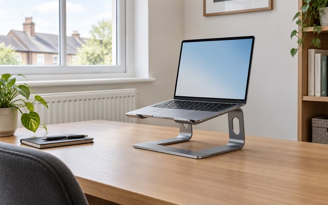 Nulaxy C3 laptop riser, on a home office desk in a British spare room, a window and a white radiator behind