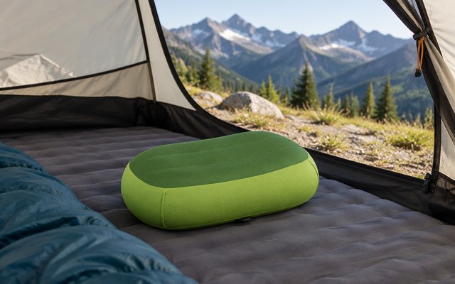 Inflatable camping pillow, inflated on a sleeping pad inside a small backpacking tent, mountains outside the open door