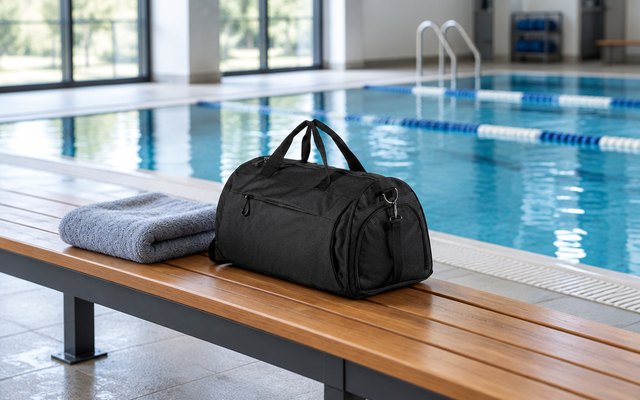 Fitgriff gym bag, on a bench beside an indoor swimming pool next to a folded towel