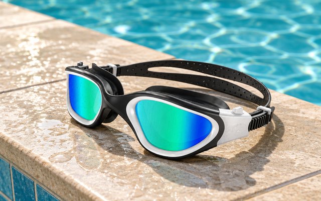 ZIONOR G1 Polarized Swim Goggles, swim goggles on the tiled edge of an outdoor swimming pool, sunlight on the water