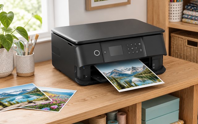 Epson XP-6100 printer, on a craft room shelf beside a few photo prints