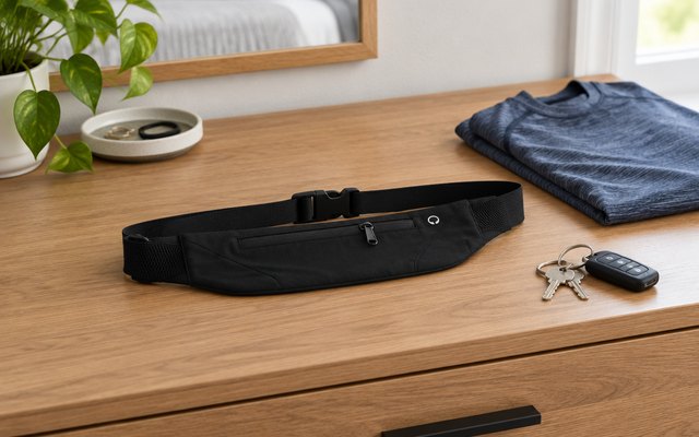 USHAKE running belt, lying flat on a bedroom dresser beside keys and a folded running shirt