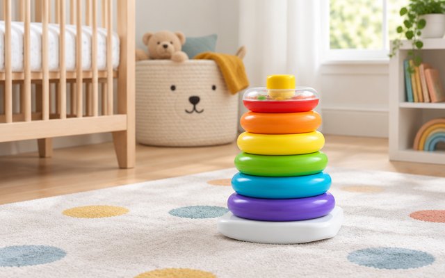 Giant rocking stacking ring toy, assembled on a soft play mat in a bright nursery