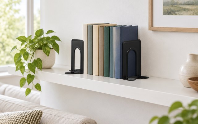 HappyHapi black bookends holding books on a wall shelf