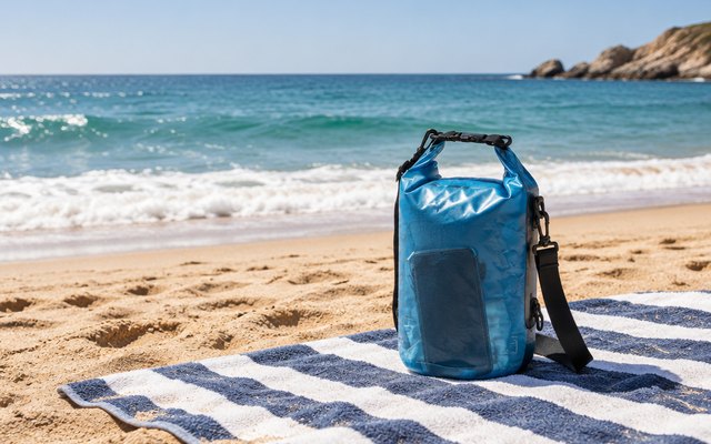 HEETA 5L dry bag, on a striped beach towel on golden sand at the ocean