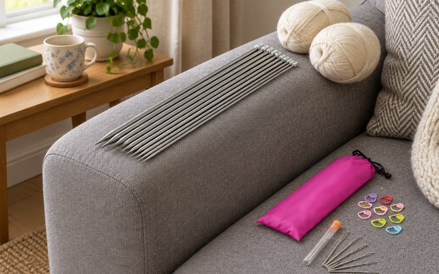 Stainless steel knitting needles, laid along the arm of a grey sofa with balls of cream wool