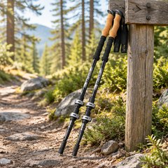 Foxelli Aluminum Trekking Poles, pair of trekking poles leaning against a trail sign on a forest path, morning light through the trees