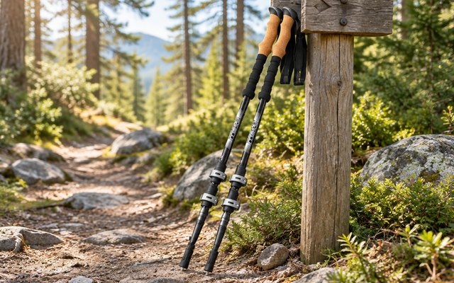 Foxelli Aluminum Trekking Poles, pair of trekking poles leaning against a trail sign on a forest path, morning light through the trees