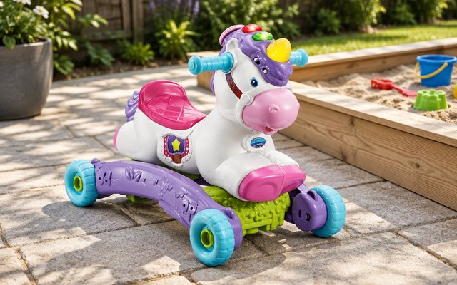 VTech Prance and Rock Learning Unicorn, on a paved patio beside a sandbox