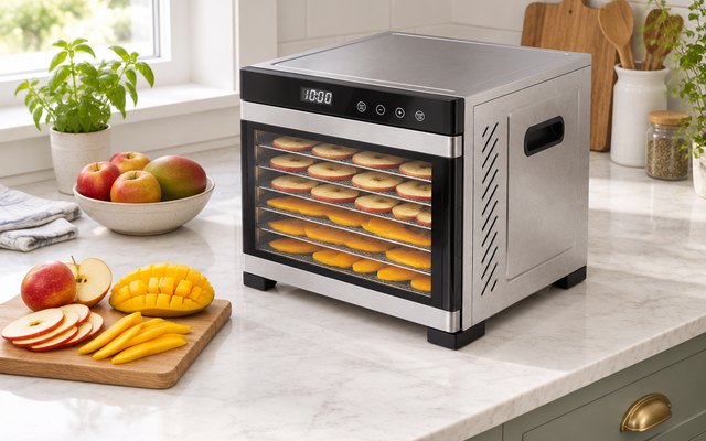 Cosori Premium 6-Tray Stainless Steel Food Dehydrator, stainless steel cabinet food dehydrator on a kitchen counter with trays of sliced apples and mangoes besi