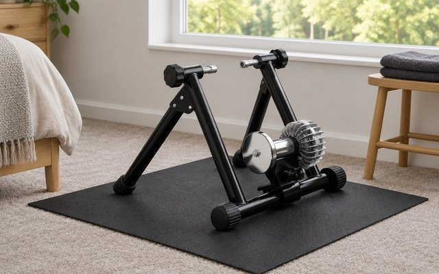 Alpcour fluid bike trainer on its own on a mat in a calm spare bedroom, facing a window with trees outside