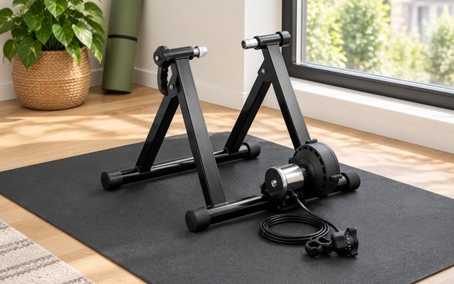 Alpcour magnetic bike trainer on its own on a mat in a bright living room corner, its handlebar remote cable coiled beside it