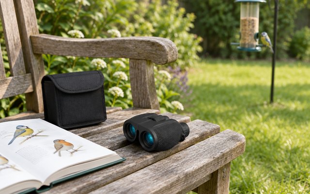 Hontry compact binoculars, on a garden bench beside a bird book
