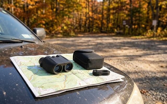Compact black folding binoculars and their case on a trail map on a car hood at a sunny trailhead