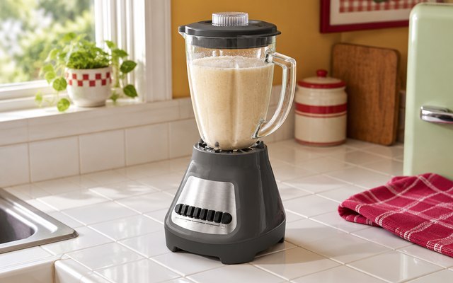 Oster Classic Series glass jar blender, on a white tiled counter in a cozy retro-style American kitchen, the glass jar holding a creamy banana shake, a red dish