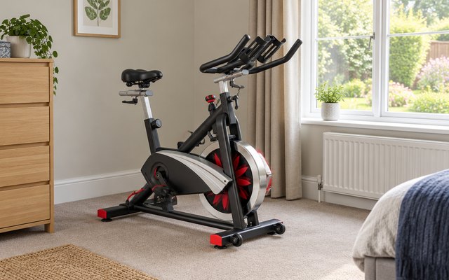 Spin bike, in the corner of a British spare bedroom with a window onto the garden