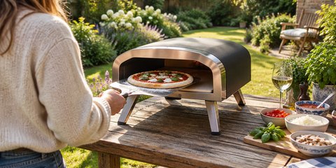 Sliding a pizza into a portable pizza oven on a garden table