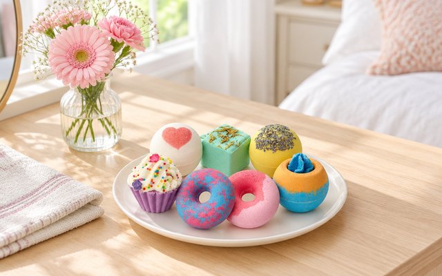 Seven decorated bath bombs, a cupcake, a heart and two donuts among them, on a white plate on a sunny wooden dressing table