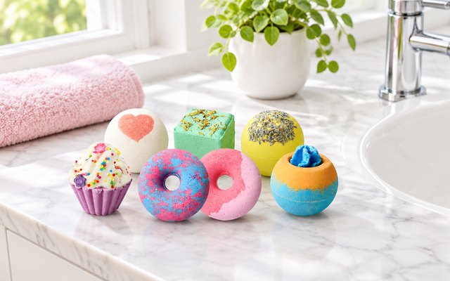 Seven bath bombs including a cupcake, donuts and a heart on a white marble vanity