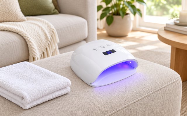 MelodySusie Plus30T nail lamp, on a low ottoman in a bright living room beside a folded pedicure towel