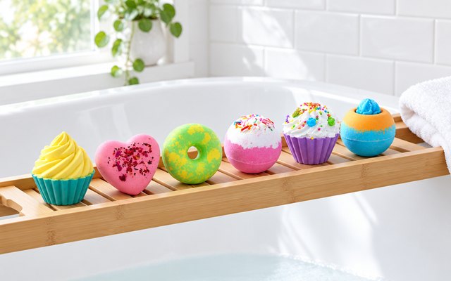 Six decorated bath bombs on a bamboo bath caddy across a white tub