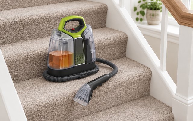 Small portable carpet cleaner on the stairs of a carpeted staircase, its hose coiled