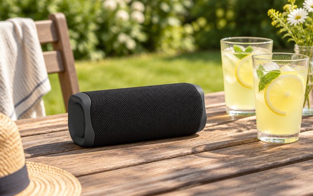 JBL Flip 5 Portable Bluetooth Speaker, portable speaker on a wooden picnic table in a sunny garden beside two glasses of lemonade