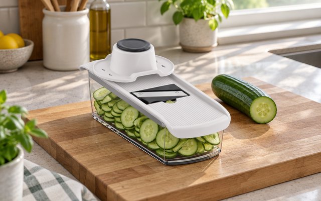 Fullstar mandoline slicer, assembled on a chopping board in a kitchen with sliced cucumber in its container and a whole cucumber beside it