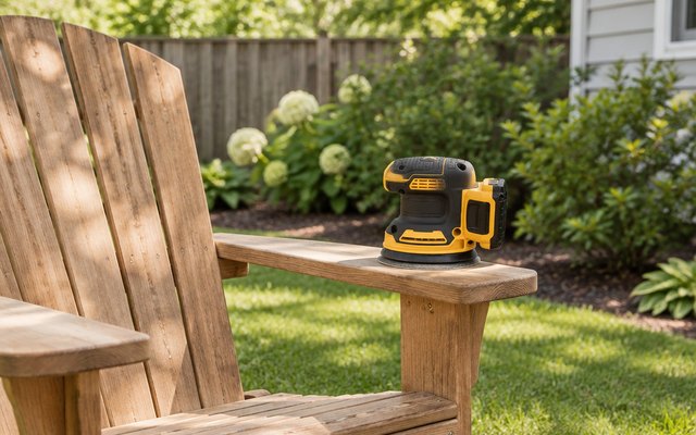 DEWALT 20V cordless orbit sander, on the arm of a wooden Adirondack chair in a backyard
