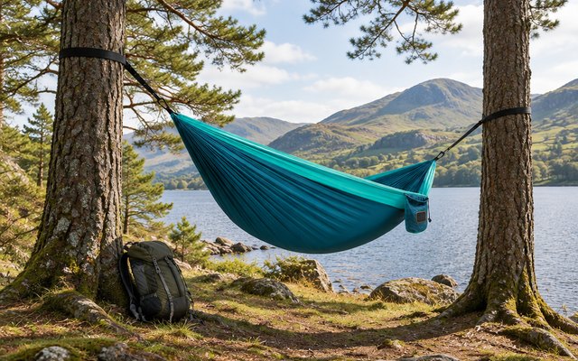 AnorTrek parachute hammock, between pine trees beside a lake