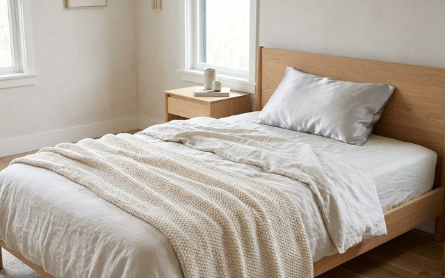 Pillow in a light grey silk pillowcase on a pale oak bed with a chunky cream knit throw