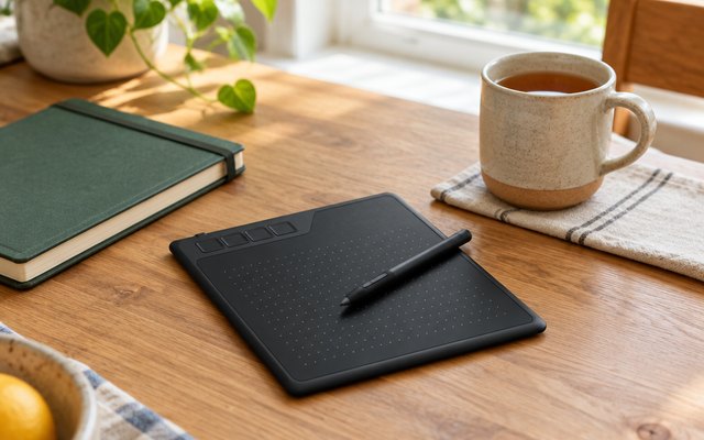 GAOMON S620 drawing tablet, on a kitchen table beside a closed sketchbook and a mug of tea