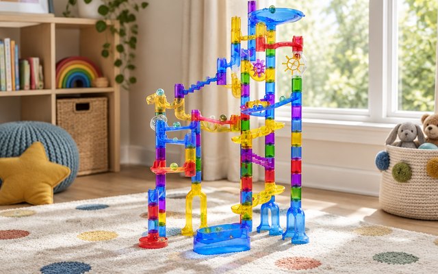 National Geographic glowing marble run, on a playroom rug beside a window, marbles in its track