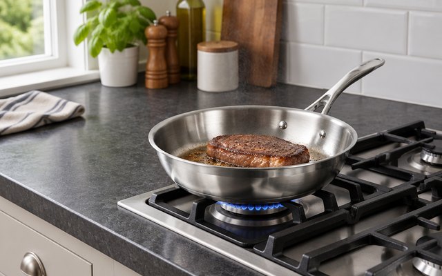 Stainless steel frying pan, on a gas hob in a British kitchen with a dark worktop