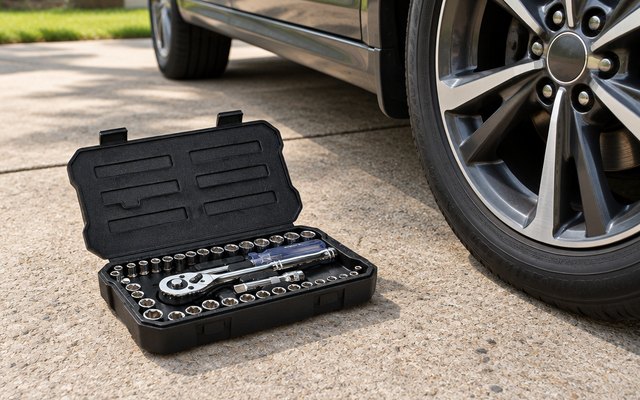 WORKPRO socket set, on a driveway beside a car's wheel