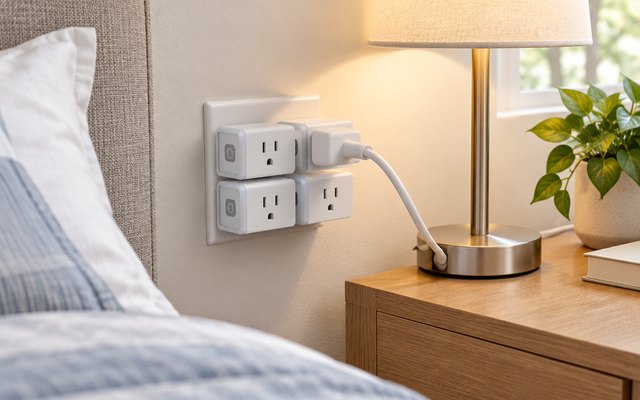 Kasa Smart Plug HS103, in a wall outlet by a bed with a bedside lamp plugged in