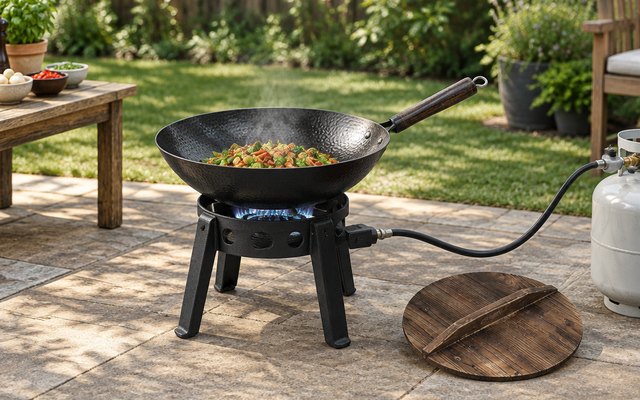Souped Up Recipes carbon steel wok, on an outdoor propane burner on a backyard patio, its wooden lid resting beside it