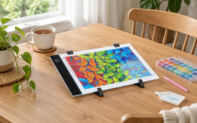 ARTDOT A4 light pad, on a dining table with a diamond painting
