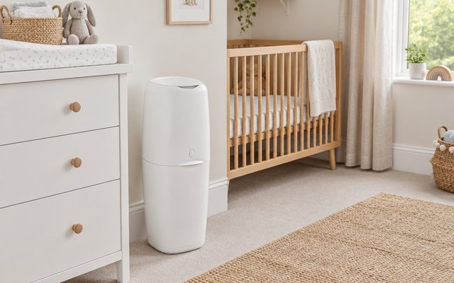 Nappy bin, beside a white changing unit in a bright British nursery, a cot in the background