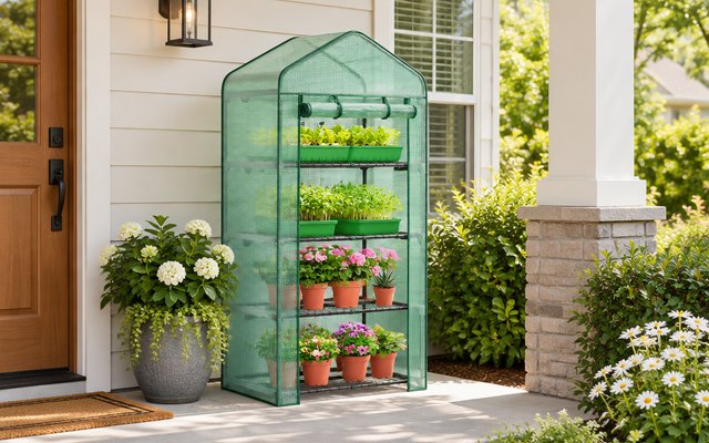 4-tier mini greenhouse with clear cover, on a sunny front porch of an American house, seed trays on its shelves and its cover zipped open
