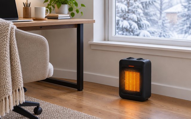 A small black space heater glowing beside a home office desk